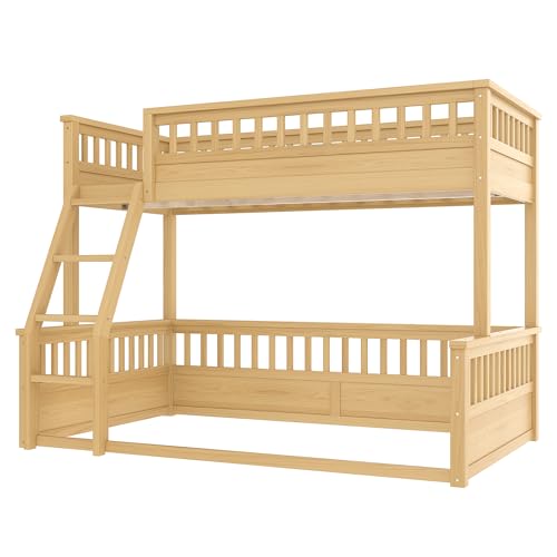 Bellemave Twin Over Full Bunk Bed for Kids/Adults,Floor Bunk Beds with Inclined Ladder,Solid Wood Low Bunk Bed for Teens,Girls,Boys,Detachable,Natural Bellemave