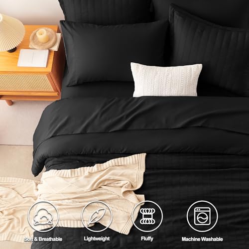 CozyLux Twin XL Comforter Set with Sheets Seersucker Black 5 Pieces Bed in a Bag, Twin Extra Long Luxury Soft Bedding Sets for College Dorm with Down Alternative Comforter, Sheets, Pillowcase & Sham CozyLux