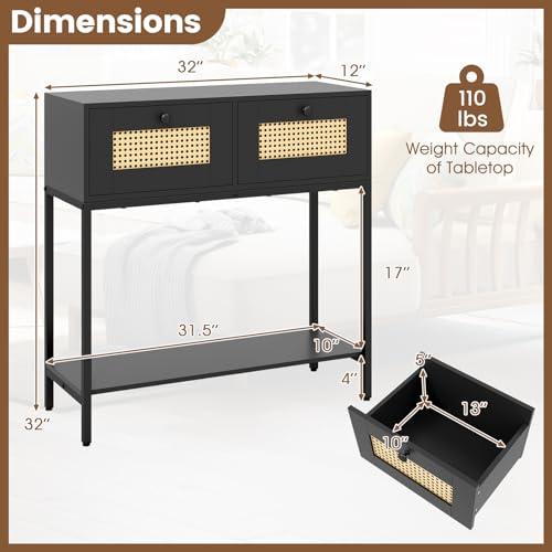 COSTWAY Rattan Console Table, Boho Narrow Sofa Table with 2 Storage Drawers and Open Shelf, 3-Tier Entryway Table with Sturdy Metal Frame for Living Room, Hallway, Foyer, 32 Inch (Black) COSTWAY
