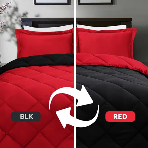HIG 3pc Red Twin/Twin XL Comforter Set - All Season Reversible Down Alternative Comforter with Sham - Quilted Duvet Insert with Corner Tabs - Diamond Stitched Blanket - Breathable, Soft, Fluffy HIG