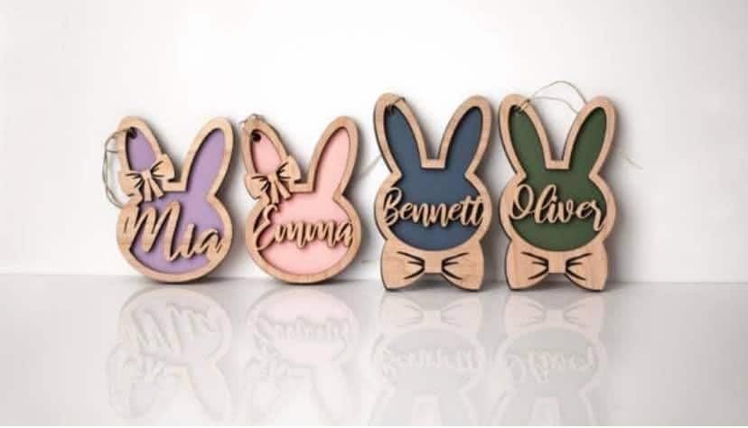 Personalized Bunny Easter Basket Tag Wooden, Custom Easter Place Card Name Easter, Basket Name Charm Kid Easter Basket Child Gift LOGGOL