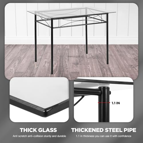 FDW Classic Dining Table Set 5 Piece,Metal Frame Glass Top Table and 4 Rectangular Modern Chairs Set,Suitable Small Space Kitchen Table Set for 4,Black FDW