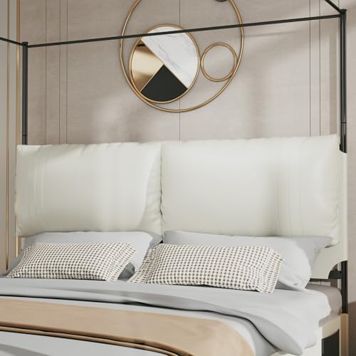 PAUKIN Canopy Bed Frame King Size with Upholstered Headboard, Sturdy and Stable, Easy to Assemble, Metal Bar Support, no Spring Mattress Required. (White, King)