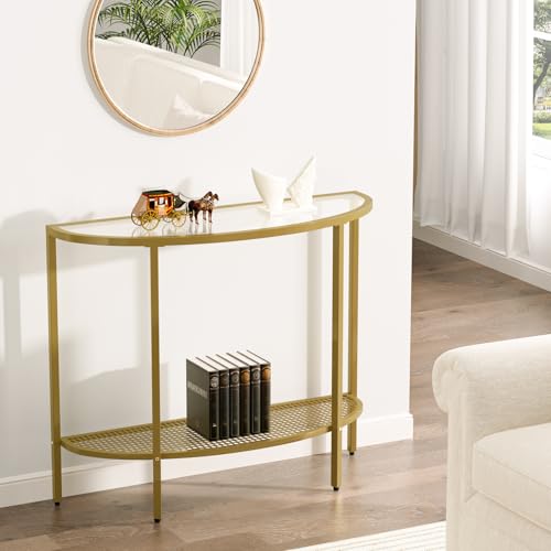 SAYGOER Glass Half Moon Console Table 2 Tier Narrow Entryway Table with Gold Metal Frames, Modern Couch Table Small Entry Way Tables, Easy Assembly, Clear Glass Gold Frames SAYGOER