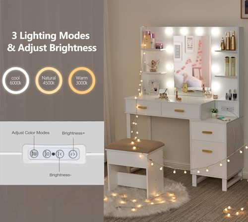 ANWBROAD Makeup Vanity Desk Vanity Set with 10 LED Bulbs Lighted Mirror Makeup Vanity Table Set with Charging Station Nightstand 3 Colors Modes Dimming Cushioned Stool Large Mirror White UBDT53W ANWBROAD