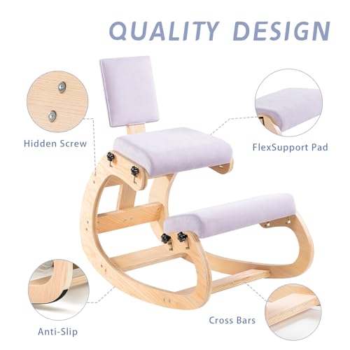 VDNEND Ergonomic Kneeling Chair with Back Support,Wooden Kneeling Chair Desk for Work, Rocking Office Kneel Chairs for Relieve Back Pain, Kneeling Posture Chairs for Gaming,Home (Light Purple) VDNEND
