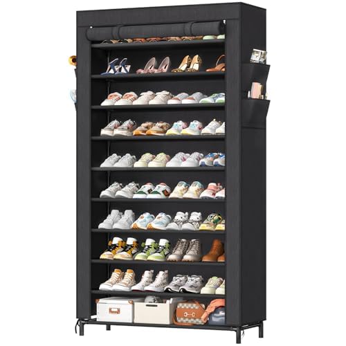 Simple Trending Tall Shoe Rack Organizer Holds 40 Pairs, 10 Tier Large Capacity Shoe Cabinet Storage with Cover for Closet, Black Simple Trending