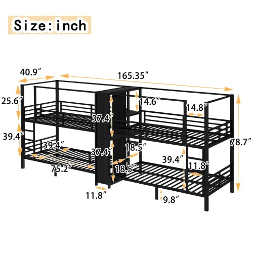 Twin Size Quadruple Metal Bunk Bed with Wardrobe & Storage Shelves, Quadruple Metal Bunk Bed Frame with Noise-Reduced Design (Black/Twin) MERITLINE
