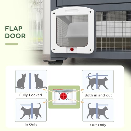 PawHut Large Cat House, Indoor/Outdoor Wooden Cat Catio on Wheels, Cat Enclosure with Platforms, Hammock, Cat Flap Door & Openable Top, Luxury Kitty House for 2 Cats, 39" PawHut