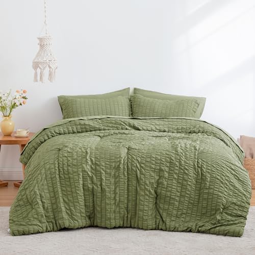 Love's cabin Seersucker Sage Green Twin Comforter Set, 5-Piece All Season Lightweight Bed in a Bag Bedding Set with Comforter, Flat Sheet, Fitted Sheet, Pillowcase and Sham Love's cabin