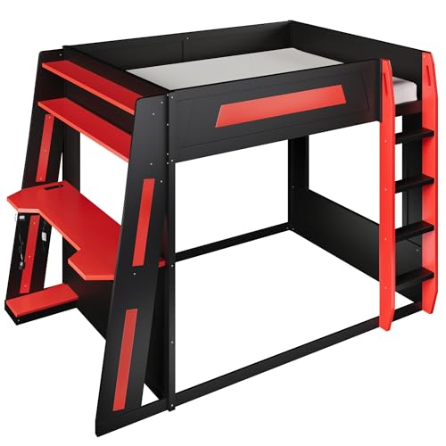 SOFTSEA Queen Size Gaming Bunk Bed with Desk, Storage Shelves, LED Lights & USB Ports, Wood Loft Bunk Bed with Desk and Ladder for Kids, Teens & Adults, Space-Saving, Black & Red SOFTSEA