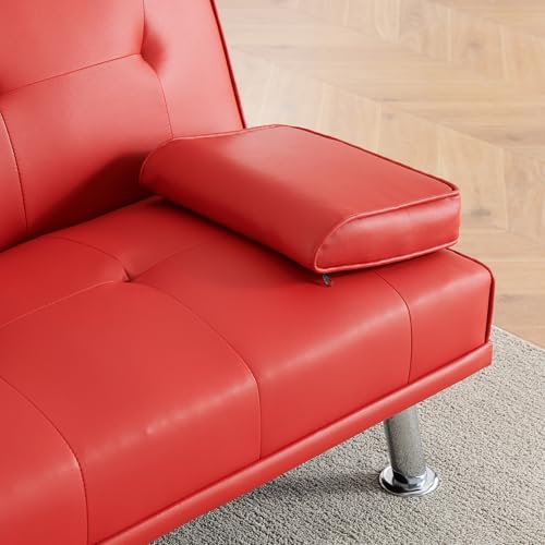 Zentrava Red 67" Convertible 2 in 1 Futon Sofa Bed with 2 Cup Holders,Modern PU Leather Folding Loveseat Sleeper Couches w/Adjustable Backrest for Living Room Apartment Office Easy Assemble (Red) Zentrava