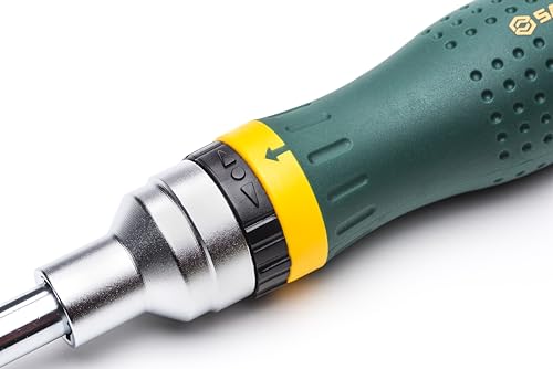 SATA 19-in-1 Multipurpose Ratcheting Screwdriver Set with 8 Double-Sided Bits and a Green and Yellow Oil-Resistant Handle - ST09350, 10 Piece SATA