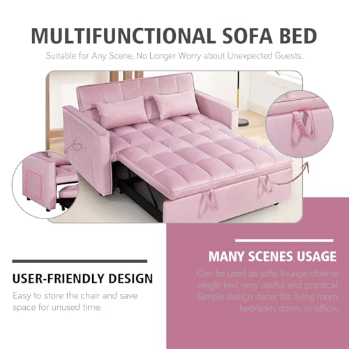 3 In 1 Velvet Convertible Sofa Bed, Pull Out Couch Bed with Reclining Backrest And 2 Pillows, 54" Full Size Loveseat Sleeper Sofa Futon Couch Bed, Couches For Small Spaces, Living Room (Pink) anwickjeff