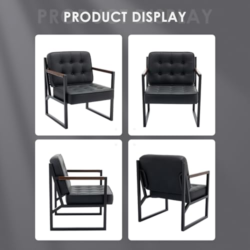 COLAMY Mid Century Modern Accent Chair Set of 2, Comfy Living Room Chair, Black Leather Accent Chair, Faux Leather Reception Armchair with Metal Legs for Living Room Bedroom Reception Office, Black COLAMY