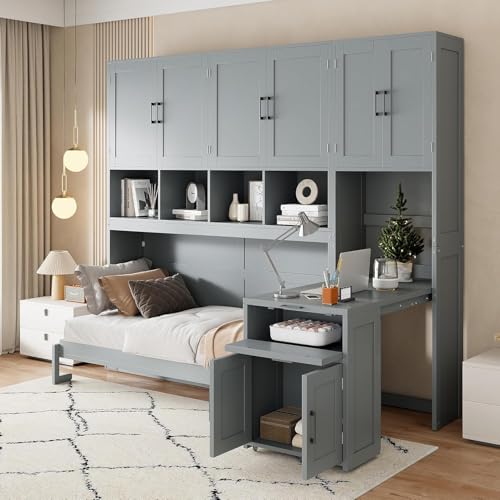 Virubi Twin Horizontal Murphy Bed with Desk and Wardrobe Closet,Wood Twin Folding Murphy Wall Bed with Storage Shelves Cabinets and Drawers for Adult (Grey) Virubi