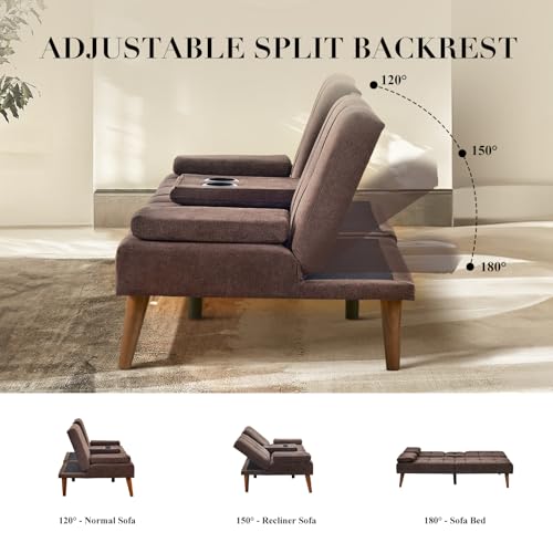 COLAMY Futon Sofa Bed-Fabric Small Couch, Convertible Sofa Bed with 2 Cup Holders, Removable Soft Armrest, Adjustable Backrest for Dorm/Bedroom/College COLAMY