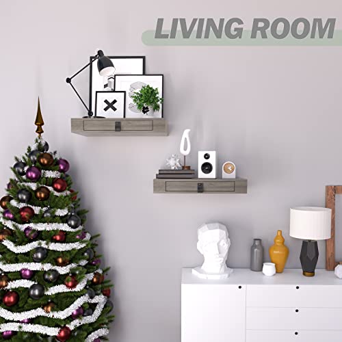 Floating Shelf with Drawer, Floating Nightstand for Bedroom - 16” Wall Shelf, White Floating Shelf with Storage, Floating Shelf for Office Bathroom Kitchen Floating Bedside Table (Light Grey) Bloddream