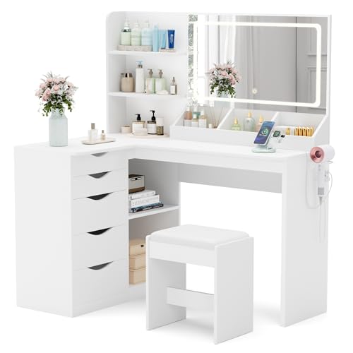 YESHOMY Vanity Desk with Lights and Mirror, L Shaped Makeup Table, Dresser with Hairdryer Holder and Power Outlet, Adjustable 3 Lighting Modes, 5 Drawers and Adjustabled Open Storage Shelves, White YESHOMY