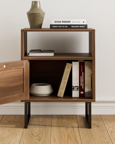 Apetaccat Rattan Nightstand, Boho Night Stand Farmhouse Wood Bedside Table with Storage and Open Shelf, End Side Accent Table for Bedroom,Living Room,Walnut Apetaccat