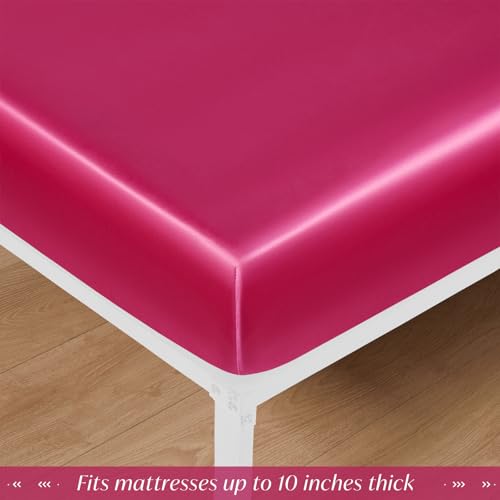 VACVELT Cot Fitted Sheet, 31 x 75 Inch Hot Pink Cot Sheets, Ultra Soft and Breathable Satin Bed Cover Snug Fit for Narrow Twin/RV Bunk/Camper Bunk/Guest Beds/Trifold Mattress VACVELT