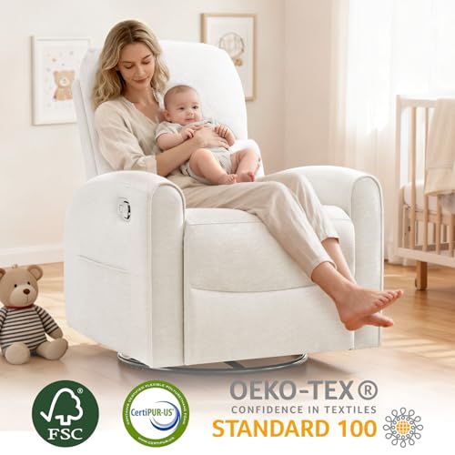AEMEIOS Swivel Rocker Recliner, Manual Swivel Glider Nursery Recliner Chair with Adjustable Headrest and Lumbar Support, Rocking Recling Chairs for Small Space, Living Room, Bedroom, White