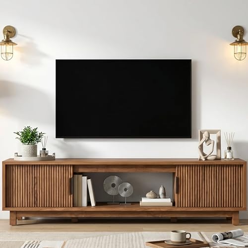 BRITEMART TV Stands for Living Room, 70 Inch Large Entertainment Center Fluted TV Stand with Storage, Boho Media Console Wood Television Table with Cable Management Hole, Walnut BRITEMART