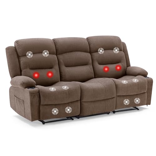 Reedvales Oversized Recliner Sofa with Heat and Massage, Big Large 3-Seater RV Recliner Couch Sofa for Living Room, Wall-Hugger Reclining Sofa with Cup Holders and USB Port (Fabric, Brown)