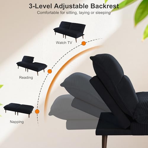 DreamDashio Futon Sofa Bed, 4 in 1 Multi-Functional Futon Couch with Adjustable Backrest, 75 inch Convertible Sleeper Sofa Bed and Recliner Lounge, Corduroy Loveseat for Living Room, Apartment, Black DreamDashio