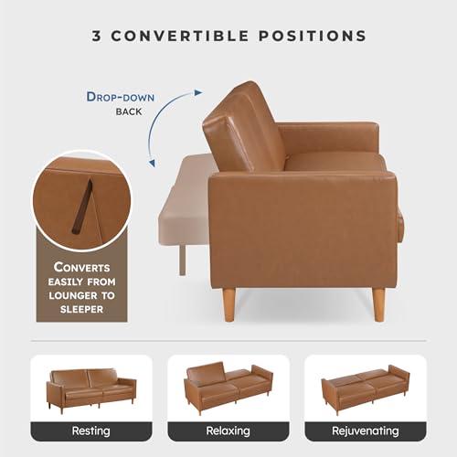 Lexicon 79"W Convertible Futon Sofa Bed, Loveseat, Faux Leather Upholstered Couch Sleeper, Adjustable Backrests, Padded Pocket Coil, Solid Wood Legs for Living Room, Bedroom, Apartment, Office, Camel Lexicon