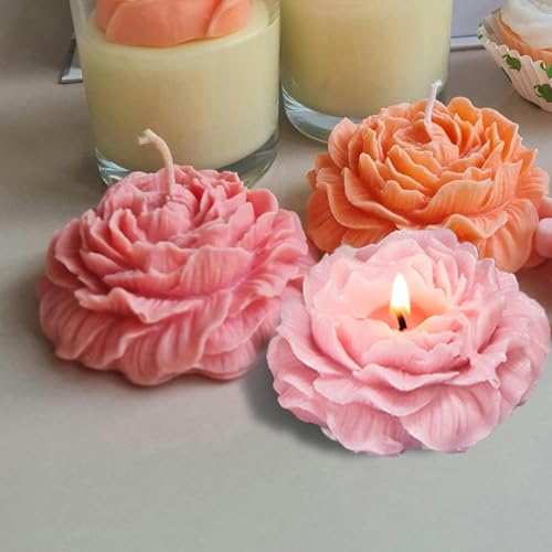 3 Pack Peony Silicone Candle Mold Flower Mold Resin Casting Molds with Large-Eye Wicking Needle,Candlewick for DIY Scented Candle, Soy Wax, Cake, Soap,Craft Making