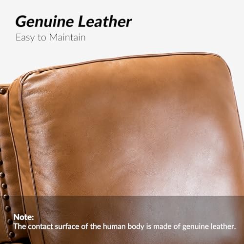 HULALA HOME Genuine Leather Manual Recliner Chair with Adjustable Backrest & Footrest, Mid Century Modern Push Back Recliner with Nailhead Trim & Wood Legs-for Living Room Home Theater, Camel