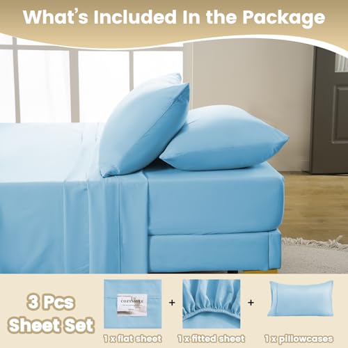 CozySmile Holtel Luxury Twin Sheet Set - 3 Piece Soft Microfiber Sheets for Twin Size Bed, 16" Deep Pocket Easy Care Wrinkle Free Cooling Bedding Sheet and Pillowcase Set, Sky Blue CozySmile