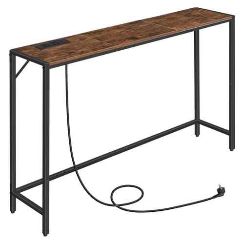 MAHANCRIS Console Table, Narrow Sofa Table, 43.3” Entrance Table with Power Station, Behind Couch Table, Simple Style, for Living Room, Hallway, Entryway, Foyer, Rustic Brown and Black CTHR112E01 MAHANCRIS