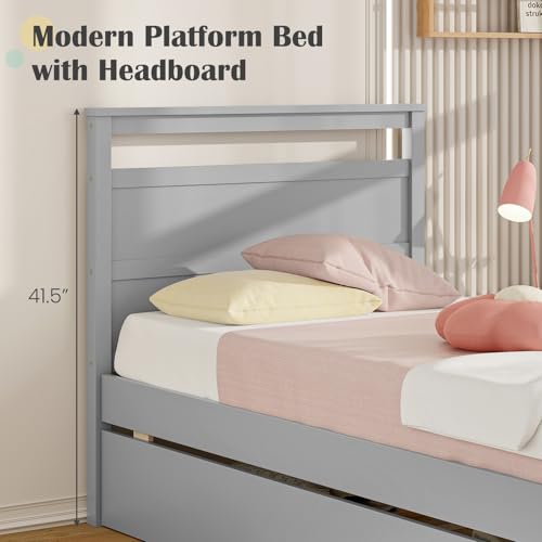Giantex Wood Twin Bed with 2 Storage Drawers, Solid Wood Platform Bed with Headboard, Single Bed Wooden Slats Support, No Spring Needed, Twin Bed Frame for Kids, Teens, Adults (Grey) Giantex