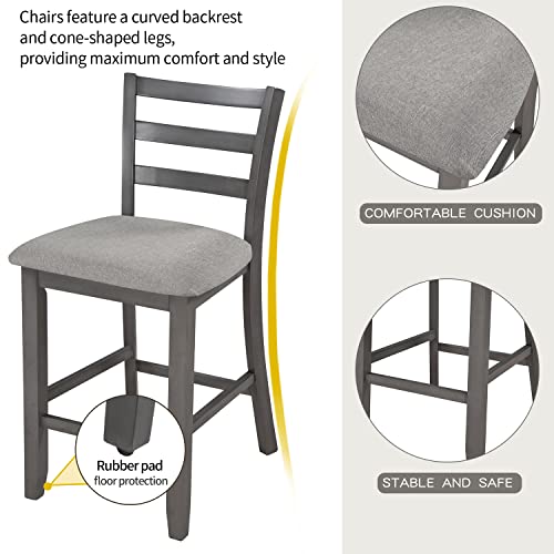 Bellemave 5 Piece Wooden Counter Height Dining Set, Square Dining Table with 2-Tier Storage Shelving and 4 Padded Chairs, Kitchen Dining Table Set for 4 Persons, (Gray & Storage) Bellemave