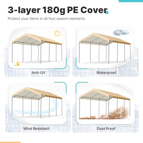 ADVANCE OUTDOOR 10x20 ft Heavy Duty Carport Potable Car Canopy Garage Party Tent Boat Shelter, Adjustable Height from 9.5 ft to 11 ft, Beige ADVANCE OUTDOOR