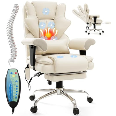 Mvpipi 7-Point Massage Office Chair,Heated Manageral Chair,Ergonomic Executive Chair with Footrest,Adjustable Armrest๏ผComputer Chair for Offices, Study Areas, Gaming Spaces,Beige