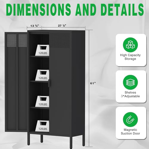 Ustamio 61 Inches Metal Storage Cabinet with Doors and Shelves, 4 Tier Kitchen Pantry Cabinet, Metal Cabinet for Home Office, Dinning Room, Laundry Room, Living Room, Bathroom and Utility Room (Black) Ustamio
