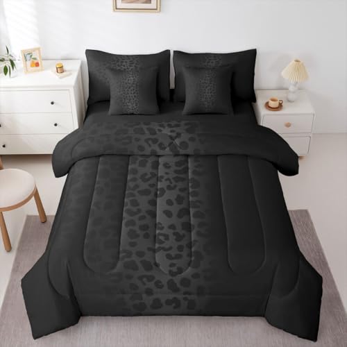 King Size Black Leopard Bedding Set 7 Pieces Bed in a Bag, Cheetah Bedding Set with Sheets All Season, Animal Print Bed Sets with Comforter, Fitted Sheets, Flat Sheets, Pillow Shams and Pillowcases Feelyou