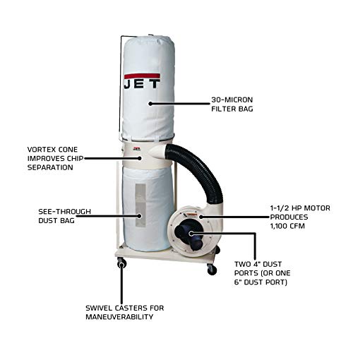 JET Vortex Cone Dust Collector, 30-Micron Bag Filter, 1-1/2 HP, 1Ph 115/230V (Model DC-1100VX-BK) Jet