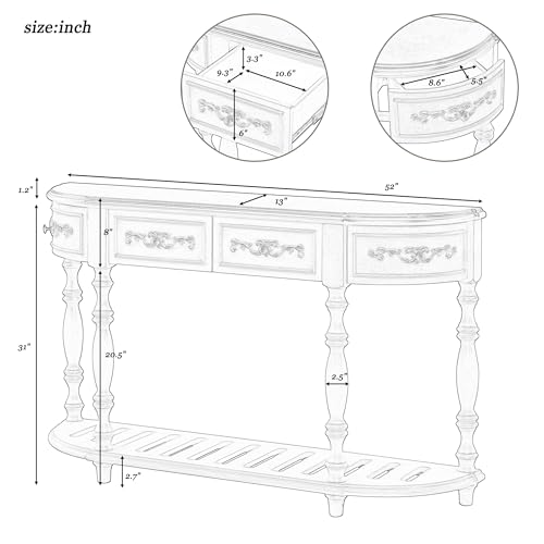 Amposei Retro Wood Curved Console Table 52-Inch Half Moon Hall Sofa Table Entryway Table with Drawers & Shelf for Living Room Home Furniture (Antique Blue) Amposei