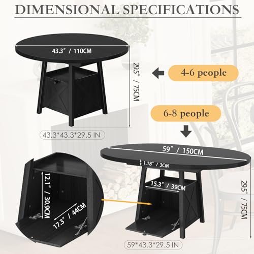 COSYSHINY 43.3"-59" Extendable Round Dining Table with Detachable Extension Plate for 4-8 People; Oval Kitchen Dining Table Equipped with Shelf and Storage Box for Kitchen Living Room (Black) COSYSHINY