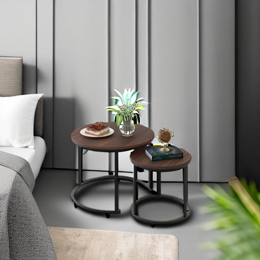 aboxoo Coffee Table Nesting Side Round Set of 2 End Table Top Sturdy Metal Frame Desk Centerpiece Living Room Bedroom Apartment Modern Industrial Simple Nightstand aboxoo