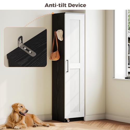 IRONCK Small Kitchen Pantry Cabinet 72" for Narrow Space, with Single Door and Adjustable Shelves, Freestanding Tall Storage Cabinet for Living Room, Bathroom, Black and White IRONCK