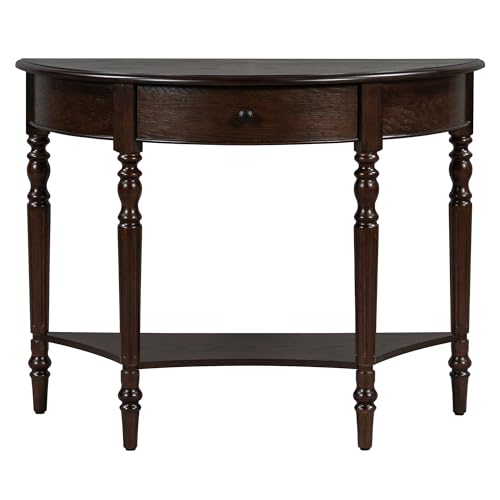 Anwick Vintage Half Moon Console Table with Shelves, Blue Mid Century Entry Way Table with Drawers & Storage, Classy Wooden Sofa Console Tables for Entryway Living Room Hallway & Foyer (Brown) Anwick