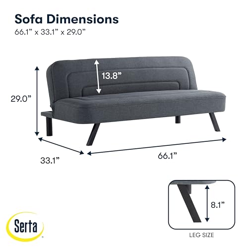 Serta Fairwood 66.1" Convertible Futon Sofa, Short Twin Size, Modern Boho, Dream Coil Comfort, Fingerguard Pinch Point Protection, Soft Woven Polyester Fabric, Charcoal Serta
