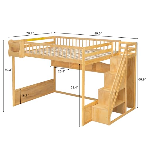 Merax Queen Size Wood Loft Bed Frame with Staircase,Storage Shelves & Wardrobe for Teens, Modern Loft Bed with Solid Slats, Guardrail, No Box Spring Required, Easy Assembly, for Bedroom, Natural Merax