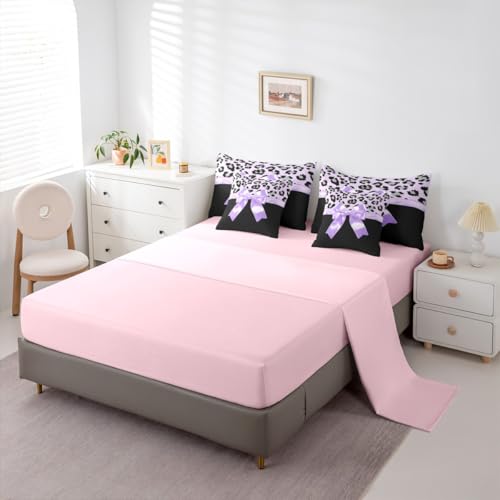 Feelyou Purple Silk Bowknot 7 Piece Bedding Set Full Size Grey Leopard Comforter Set with Sheets for Kids Girls Women Black Purple Bed in a Bag Sweet Romantic Bed Set Feelyou