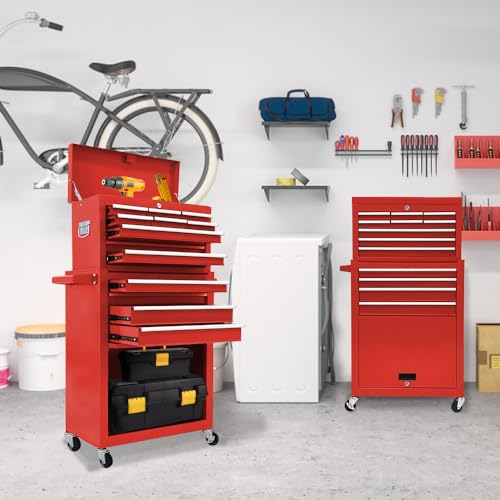 Kirmosal 13 Drawers Rolling Tool Chest with Wheels,Large Capacity Tool Storage Cabinet with Removable Top Toolbox, Locking Mechanical Tool Cart with Liner,Suitable for Garages, Warehouses-red Kirmosal